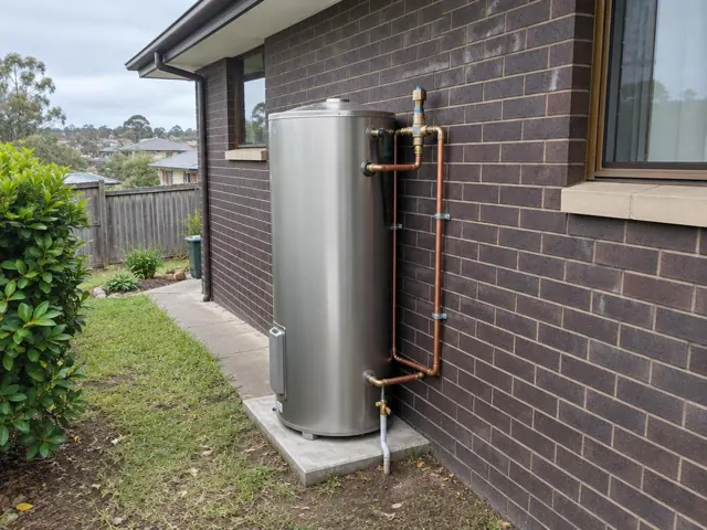 Stainless steel hot water cylinder beside a brick house wall with copper pipework in Allambie Heights